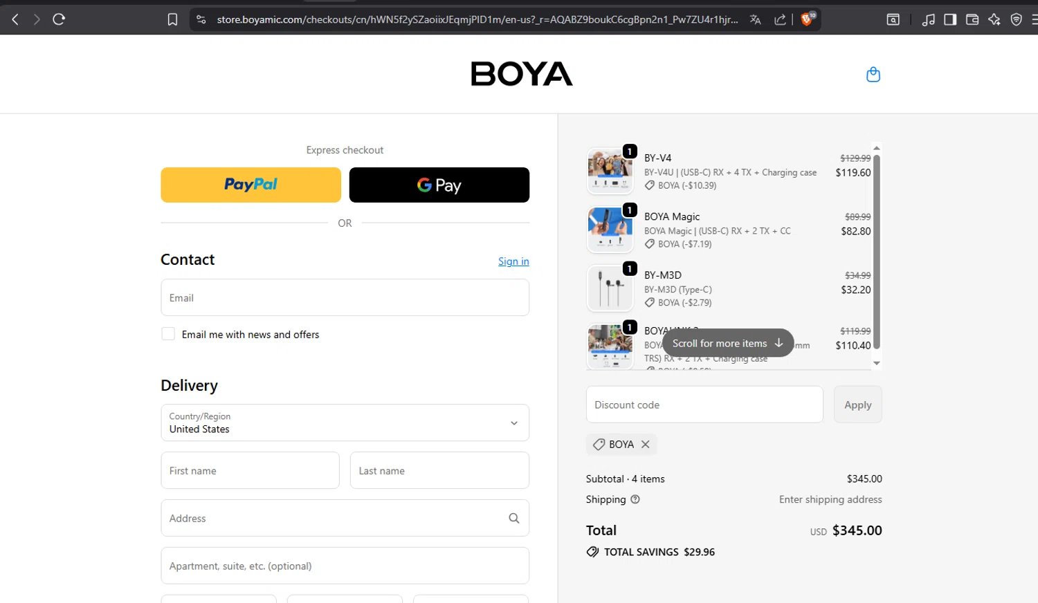 Boya discount code screenshot showing code boya applied at Boya checkout page. Uploaded by SimplyCodes community member crischidy25 on Dec 3, 2025