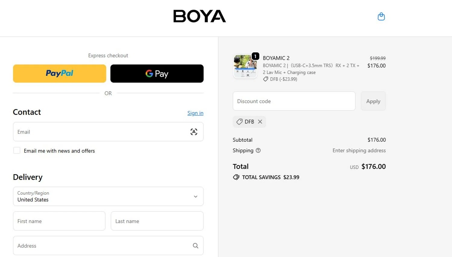 Boya discount code screenshot showing code DFB applied at Boya checkout page. Uploaded by SimplyCodes community member mandrakke on Dec 8, 2025