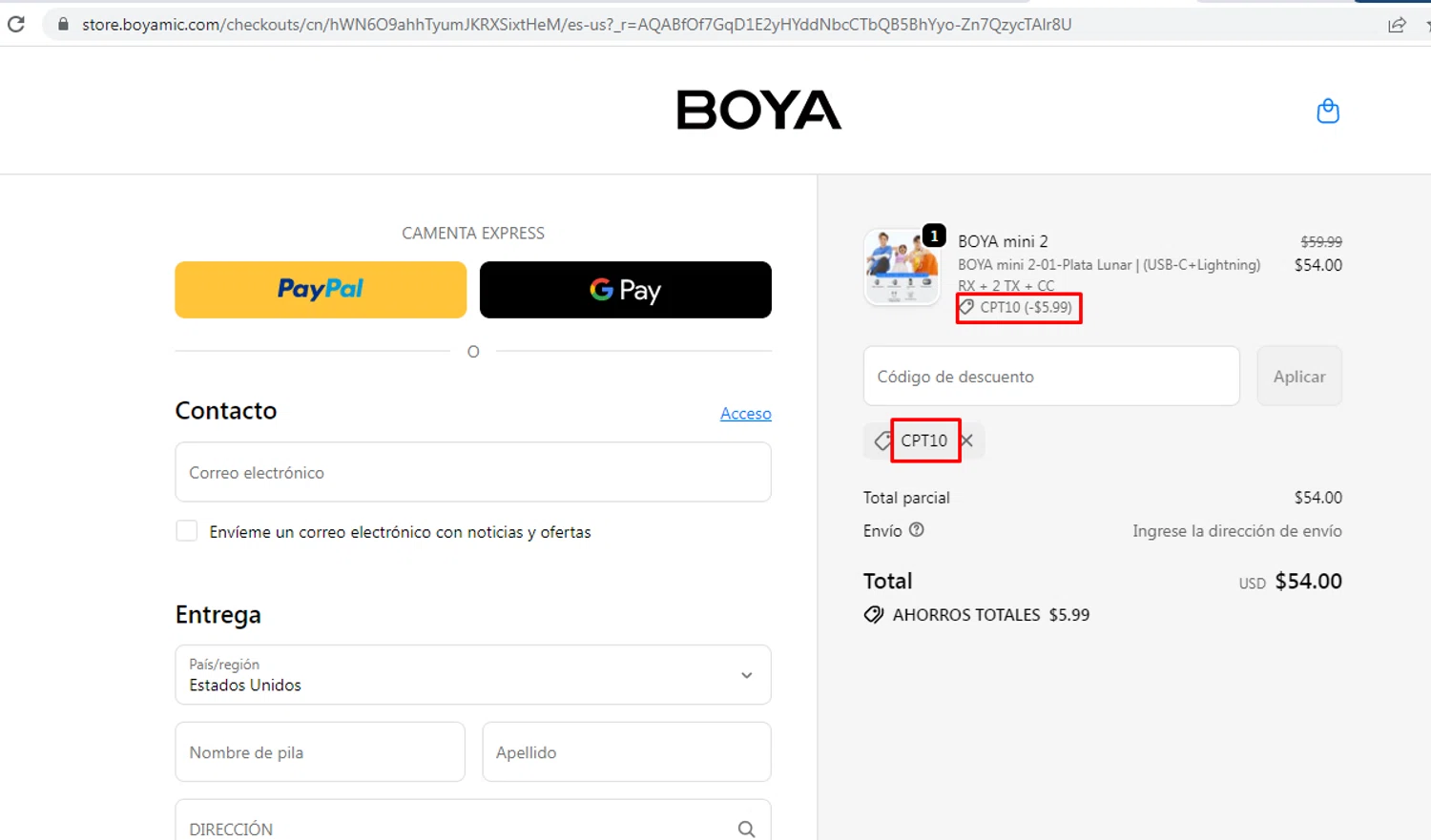 Boya discount code screenshot showing code CPT10 applied at Boya checkout page. Uploaded by SimplyCodes community member nileskamarcano on Dec 13, 2025
