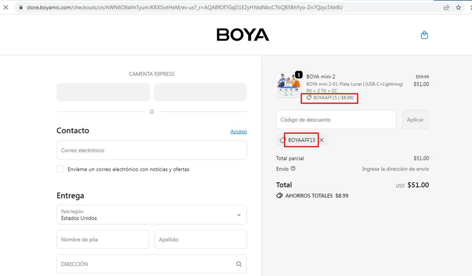 Boya discount code screenshot showing code BOYAaff15 applied at Boya checkout page. Uploaded by SimplyCodes community member nileskamarcano on Dec 13, 2025