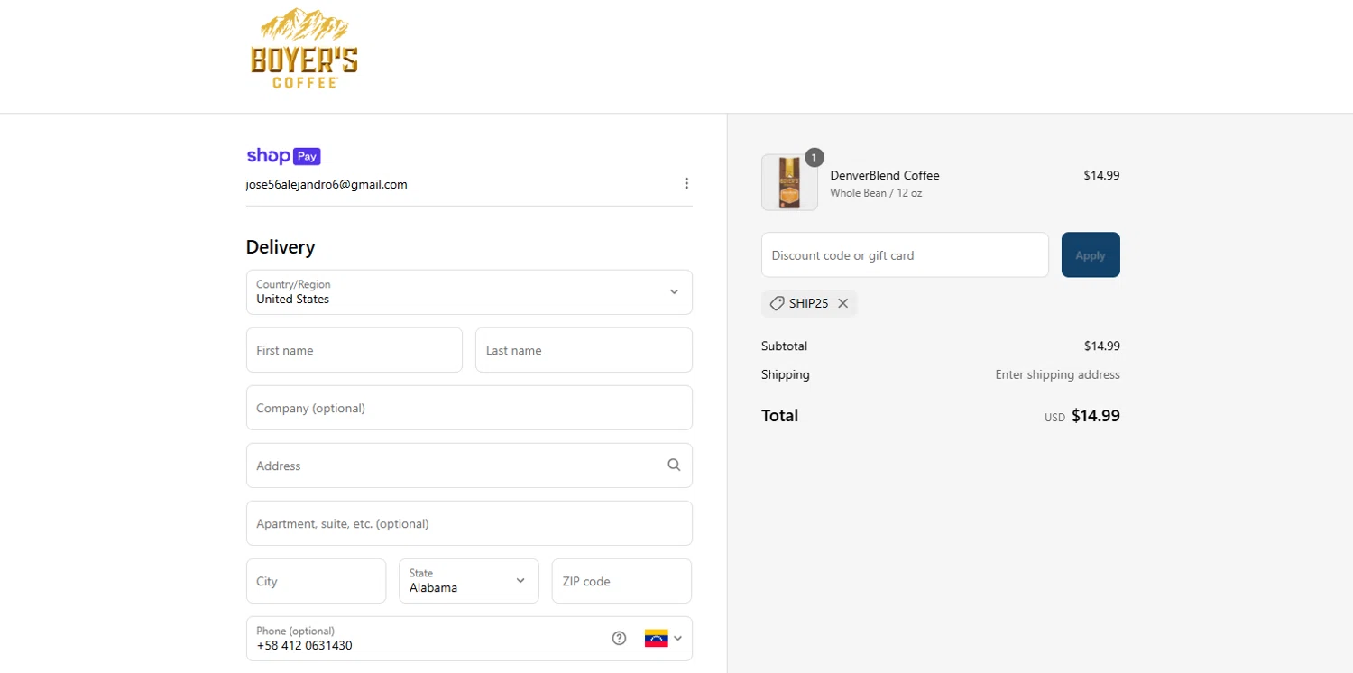 Boyer's Coffee promo code screenshot showing code SHIP25 applied at Boyer's Coffee checkout page. Uploaded by SimplyCodes community member Culebraparada on Jul 19, 2025