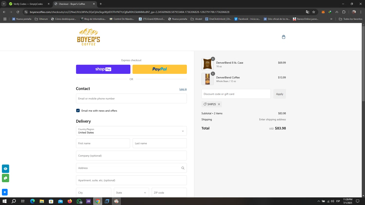 Boyer's Coffee promo code screenshot showing code SHIP25 applied at Boyer's Coffee checkout page. Uploaded by SimplyCodes community member Ebsfer on Jan 8, 2025