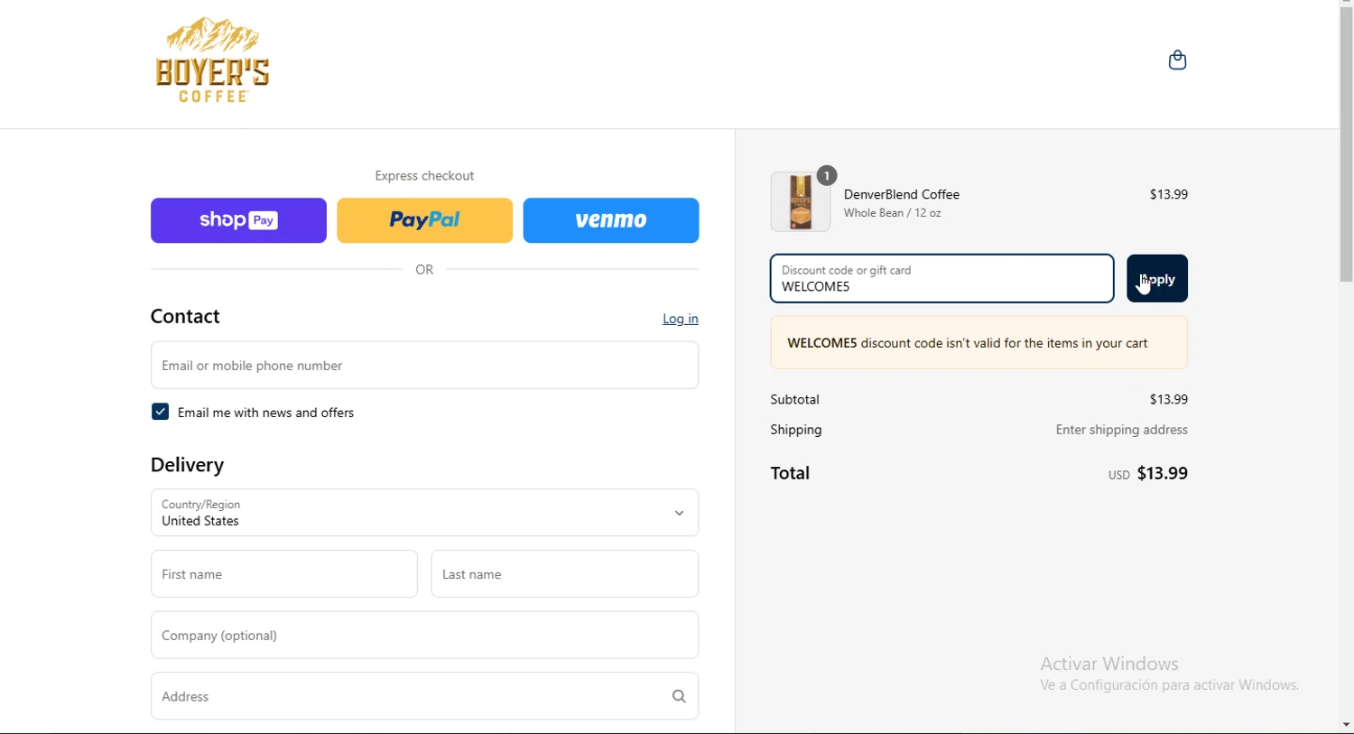 Boyer's Coffee promo code screenshot showing code WELCOME5 applied at Boyer's Coffee checkout page. Uploaded by SimplyCodes community member Heibk201 on Mar 25, 2025
