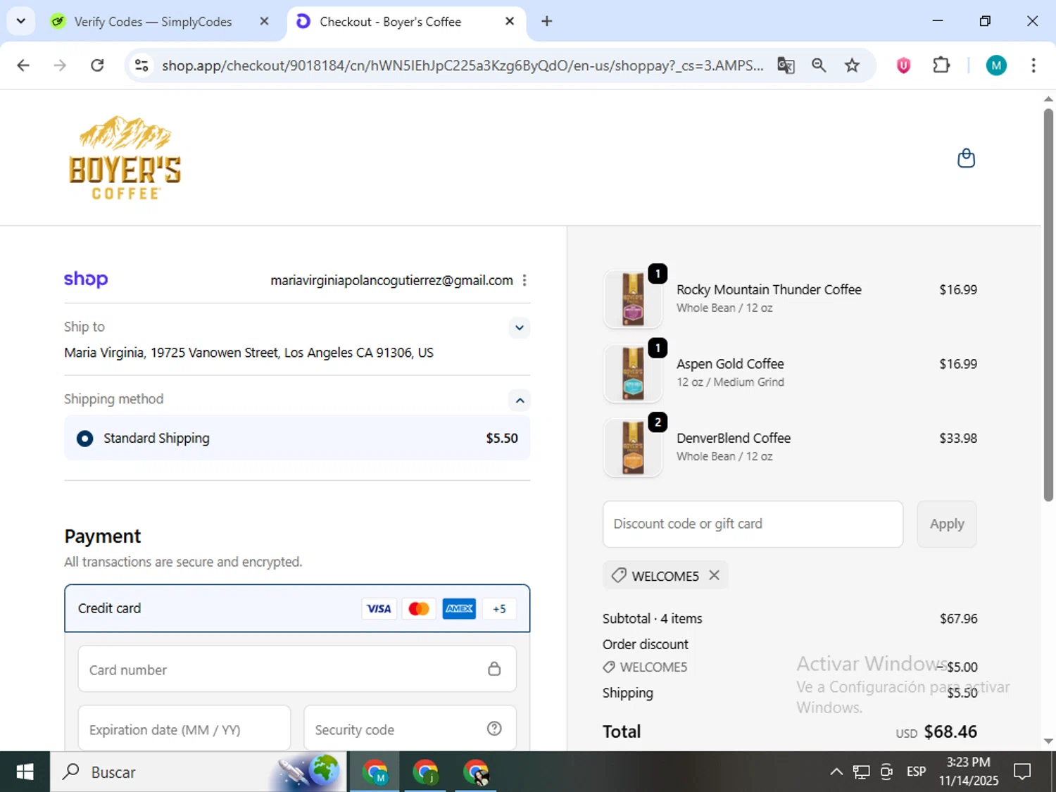 Boyer's Coffee promo code screenshot showing code WELCOME5 applied at Boyer's Coffee checkout page. Uploaded by SimplyCodes community member estrellaveloz on Nov 14, 2025