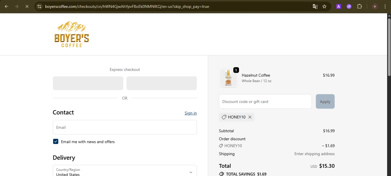 Boyer's Coffee promo code screenshot showing code HONEY10 applied at Boyer's Coffee checkout page. Uploaded by SimplyCodes community member GoldCurator1773 on Oct 18, 2025