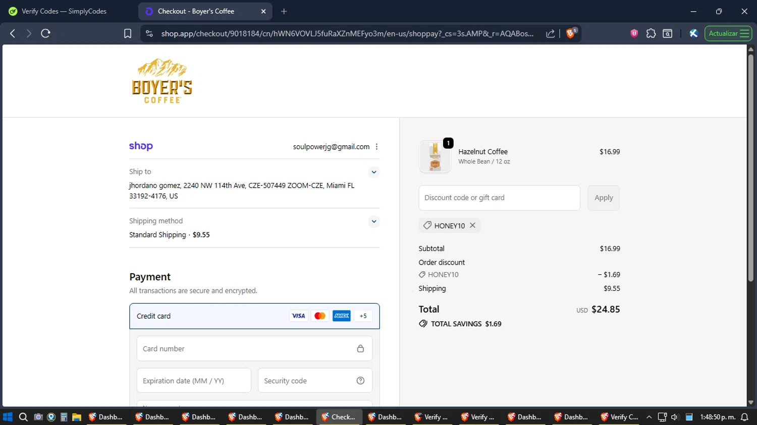 Boyer's Coffee promo code screenshot showing code HONEY10 applied at Boyer's Coffee checkout page. Uploaded by SimplyCodes community member TreasureExpert3303 on Dec 16, 2025