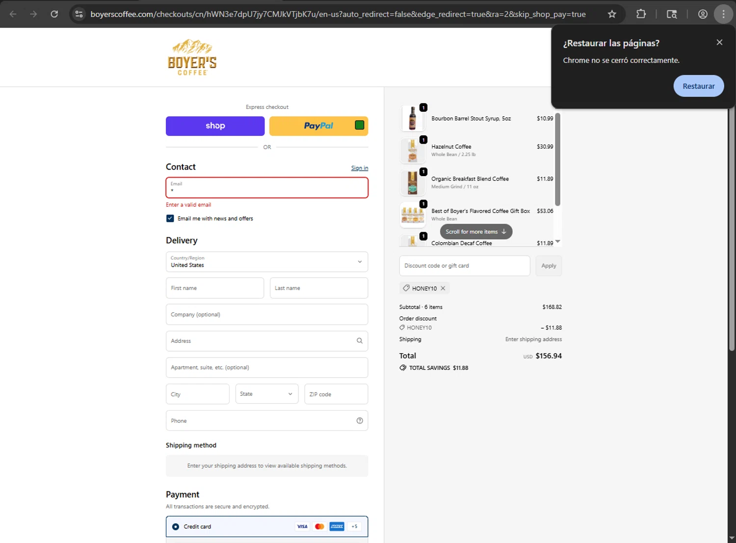 Boyer's Coffee promo code screenshot showing code HONEY10 applied at Boyer's Coffee checkout page. Uploaded by SimplyCodes community member zzzzzzza on Oct 2, 2025