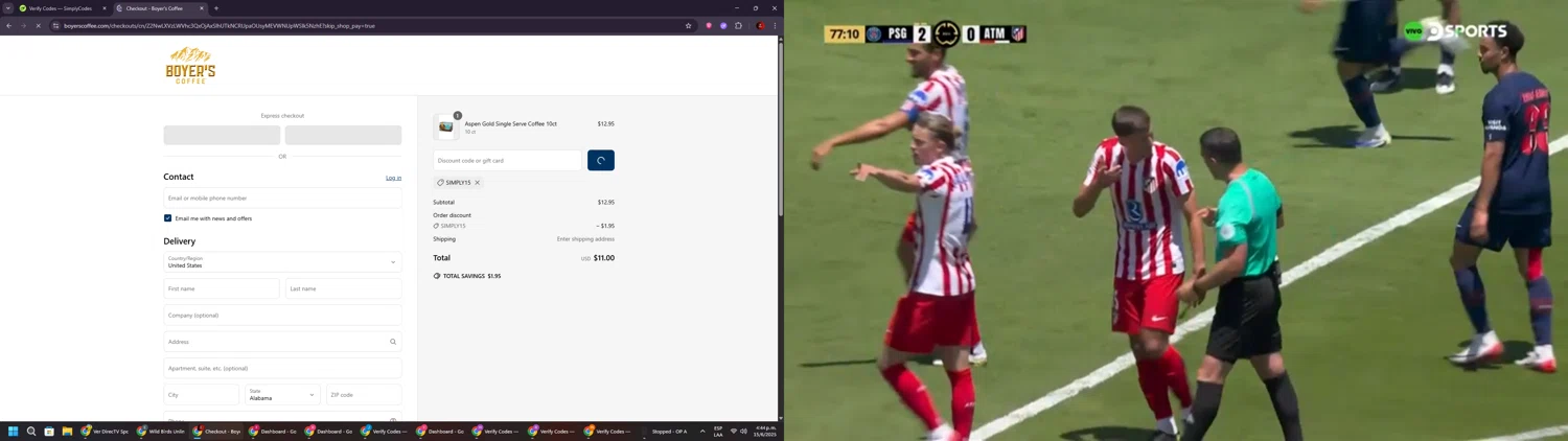 Boyer's Coffee promo code screenshot showing code SIMPLY15 applied at Boyer's Coffee checkout page. Uploaded by SimplyCodes community member BrilliantSaver7516 on Jun 15, 2025