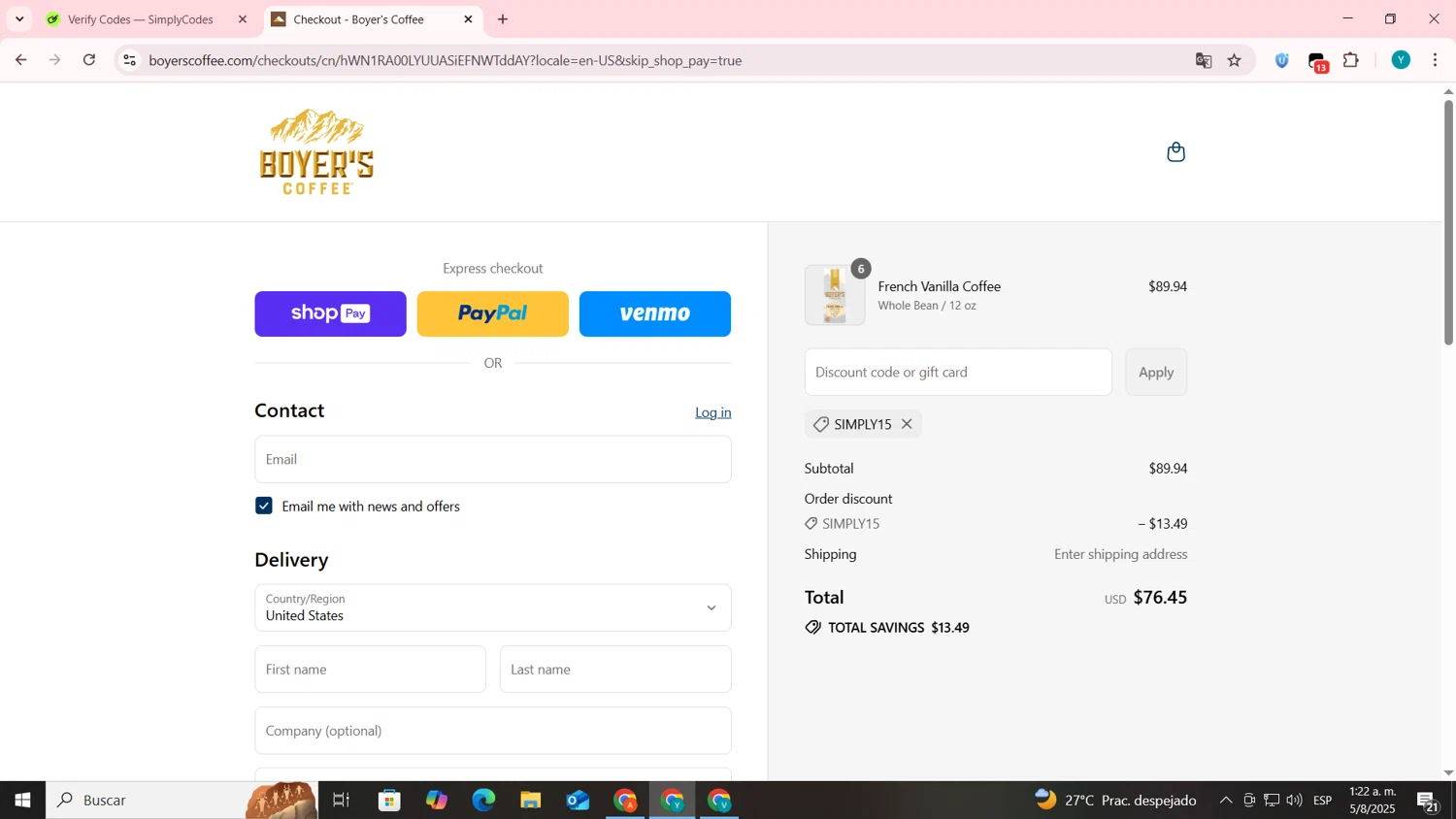 Boyer's Coffee promo code screenshot showing code SIMPLY15 applied at Boyer's Coffee checkout page. Uploaded by SimplyCodes community member codygakpo on Aug 5, 2025