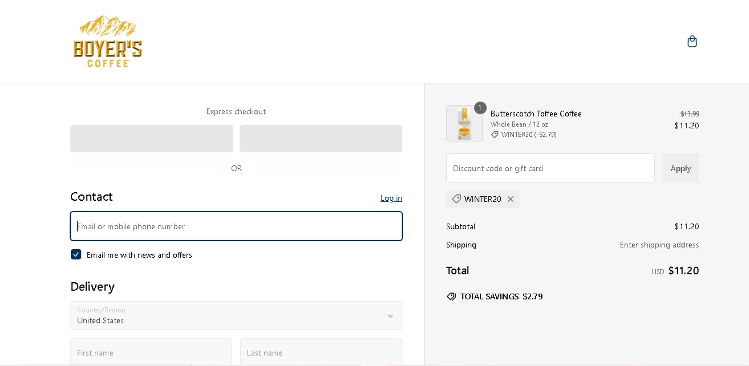 Boyer's Coffee promo code screenshot showing code WINTER20 applied at Boyer's Coffee checkout page. Uploaded by SimplyCodes community member shark12 on Jan 4, 2025