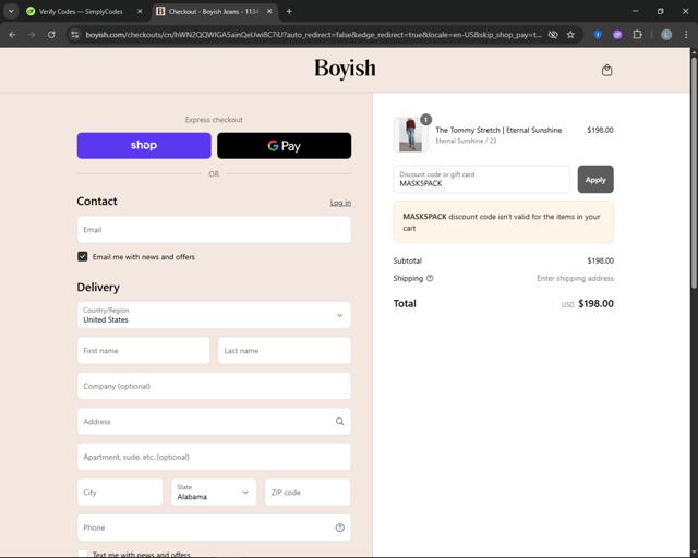 Boyish checkout page showing Boyish discount code box | Screenshot taken by SimplyCodes community member on Aug 31, 2025