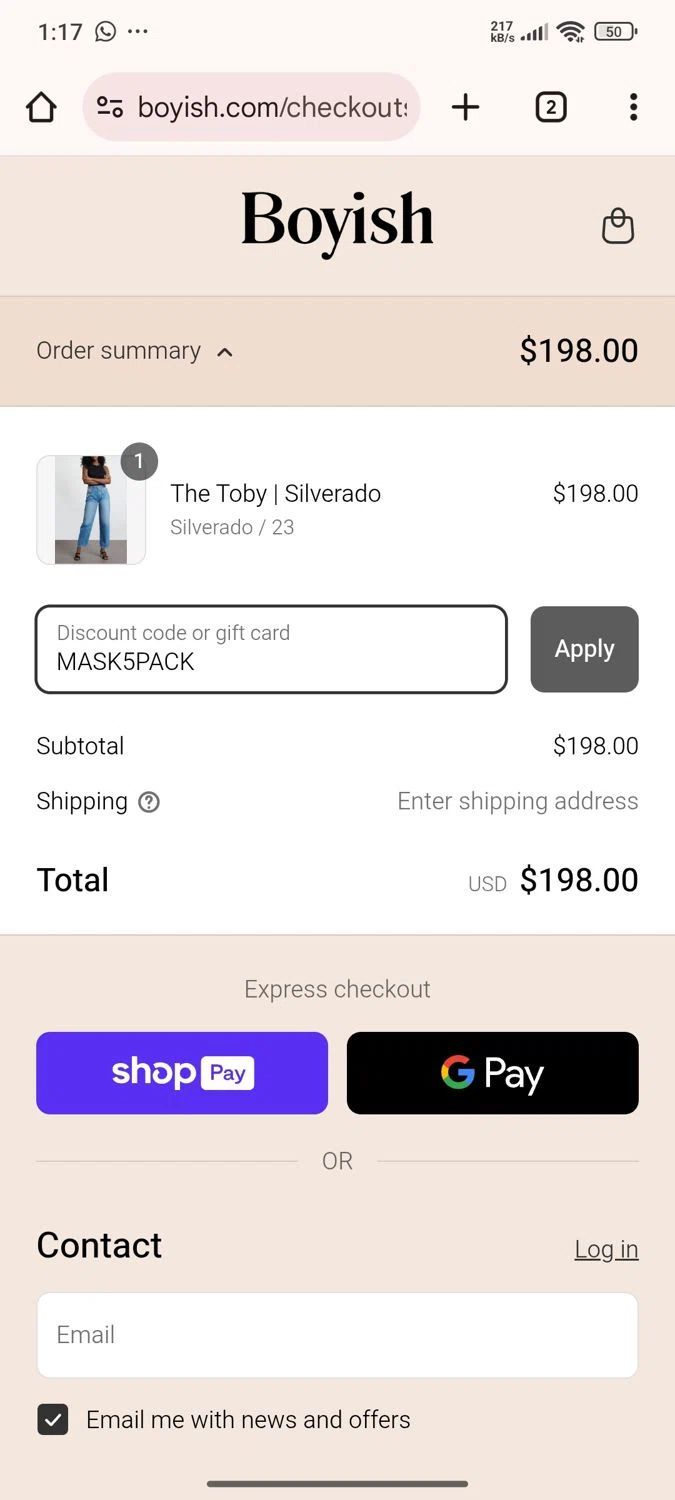 Boyish discount code screenshot showing code MASK5PACK applied at Boyish checkout page. Uploaded by SimplyCodes community member Esteban on Jul 23, 2025