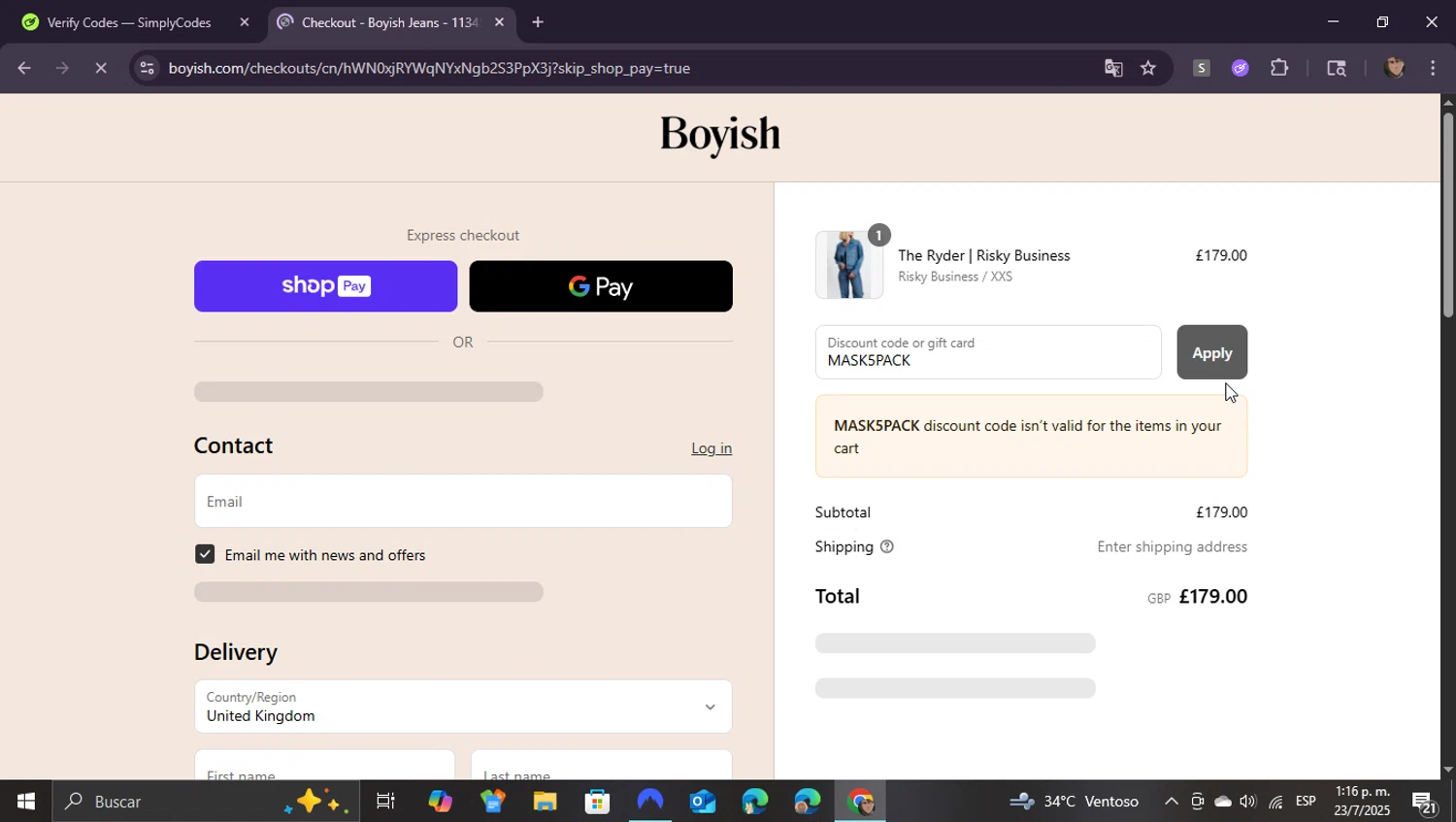 Boyish discount code screenshot showing code MASK5PACK applied at Boyish checkout page. Uploaded by SimplyCodes community member ShieldEagle9436 on Jul 23, 2025