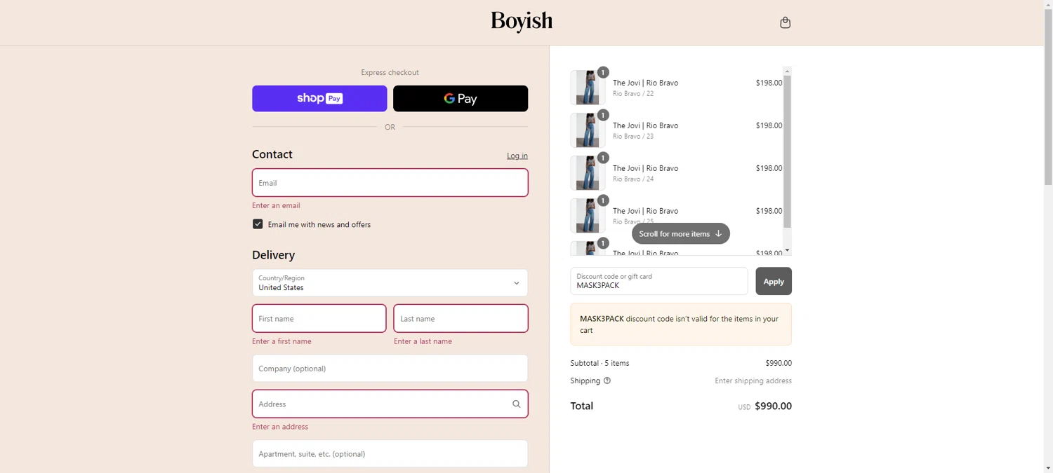 Boyish discount code screenshot showing code MASK3PACK applied at Boyish checkout page. Uploaded by SimplyCodes community member PennyRanger8219 on Jul 27, 2025