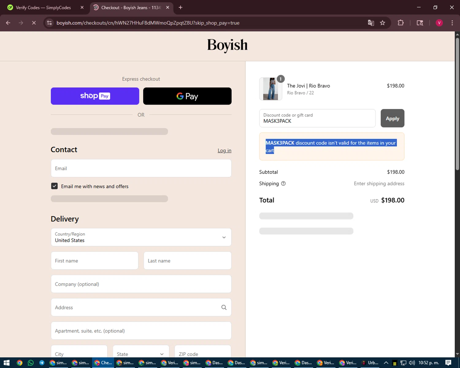 Boyish discount code screenshot showing code MASK3PACK applied at Boyish checkout page. Uploaded by SimplyCodes community member ShieldEagle6102 on Aug 23, 2025
