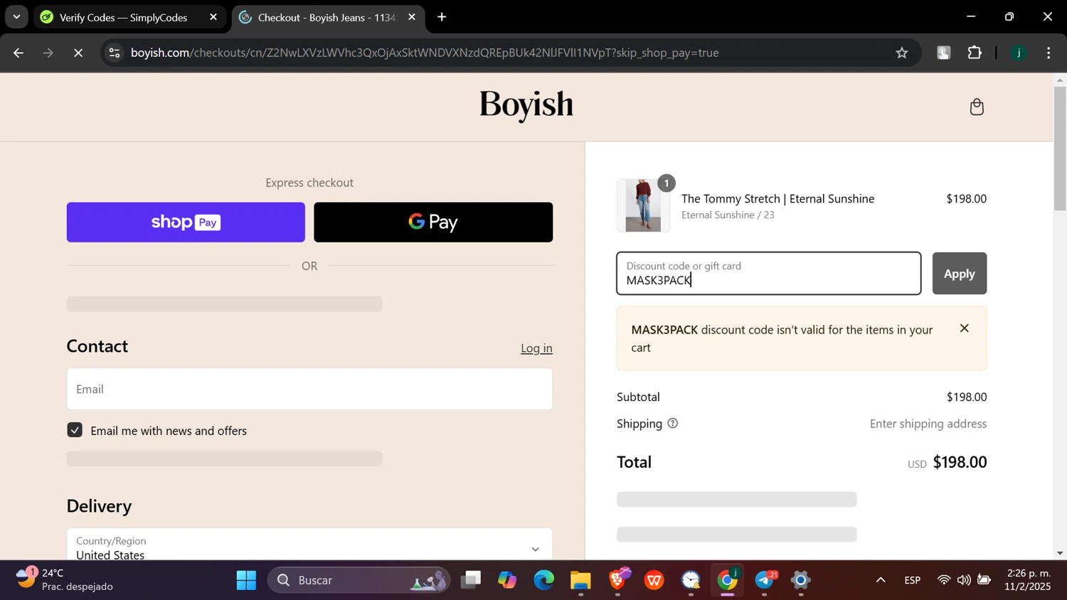 Boyish discount code screenshot showing code MASK3PACK applied at Boyish checkout page. Uploaded by SimplyCodes community member hanzell03 on Feb 11, 2025