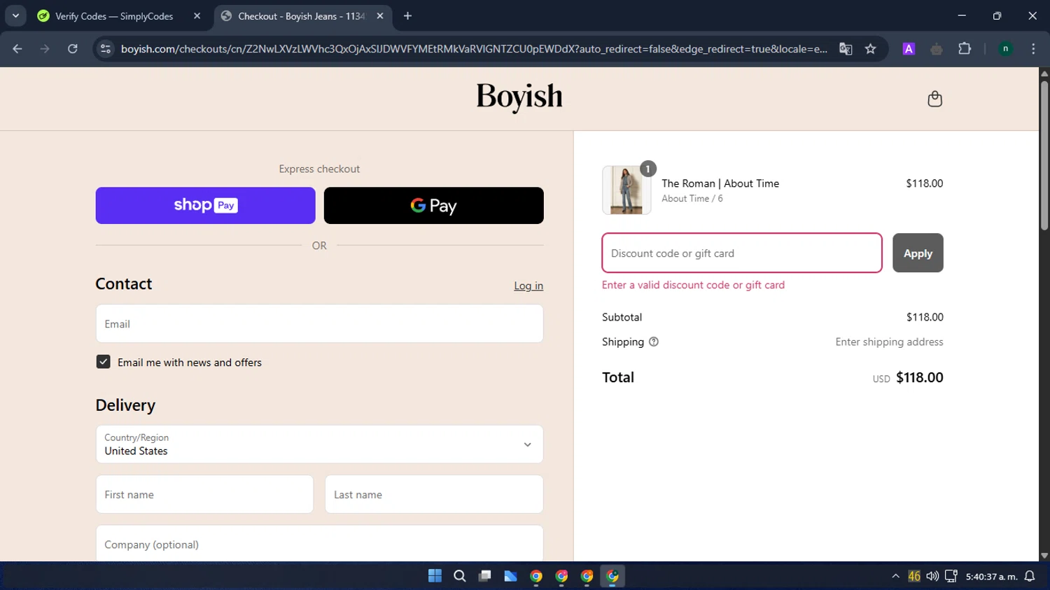 Boyish discount code screenshot showing code BYEWINTER24 applied at Boyish checkout page. Uploaded by SimplyCodes community member VoucherWizard5329 on Apr 9, 2025