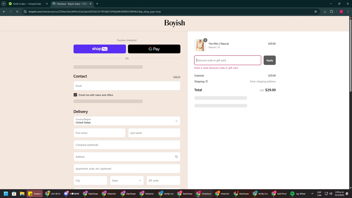 Boyish discount code screenshot showing code BYEWINTER24 applied at Boyish checkout page. Uploaded by SimplyCodes community member ExtraordinaryVirtuoso281 on Apr 9, 2025