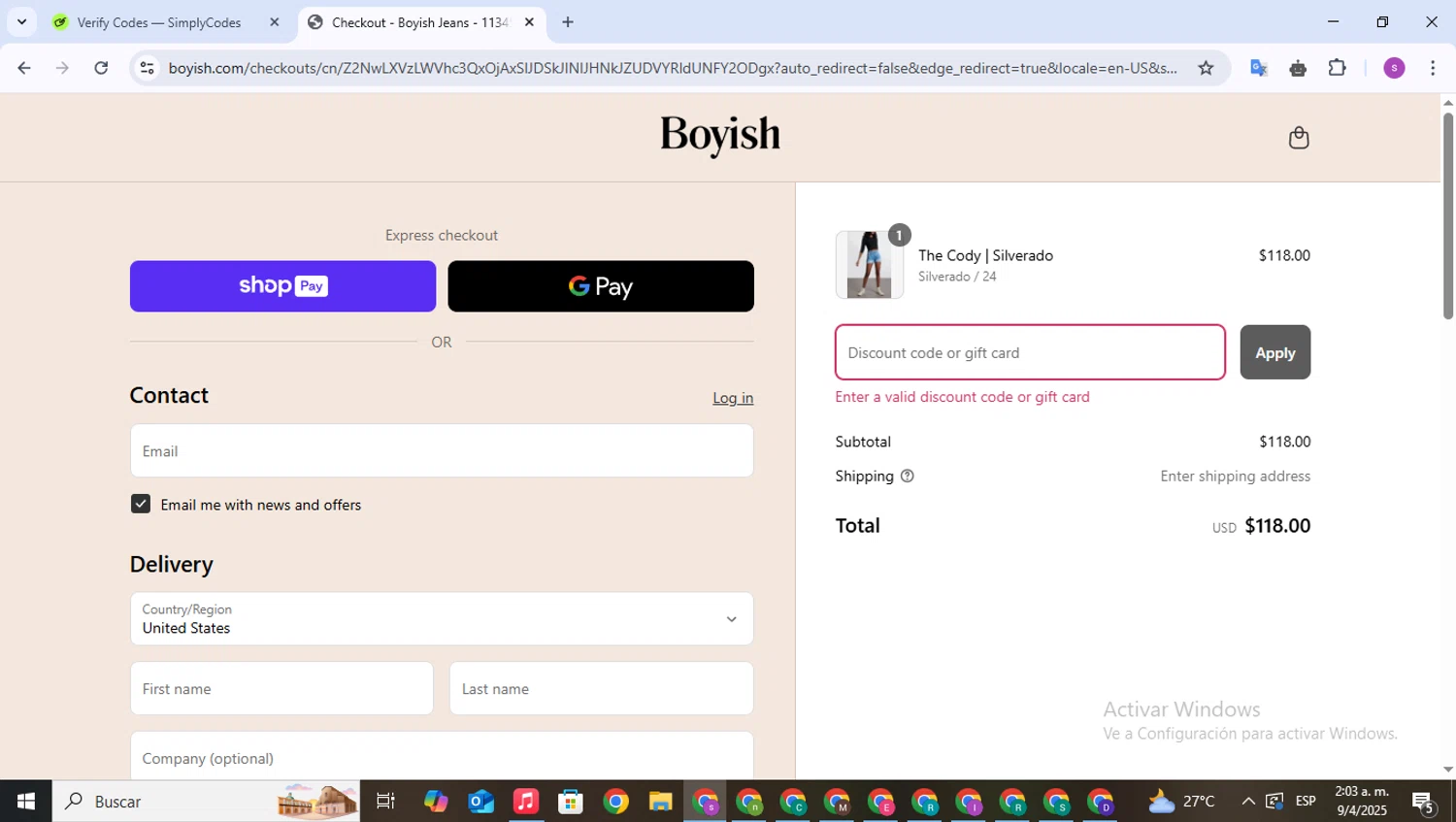 Boyish discount code screenshot showing code BYEWINTER24 applied at Boyish checkout page. Uploaded by SimplyCodes community member WonderPioneer5062 on Apr 9, 2025