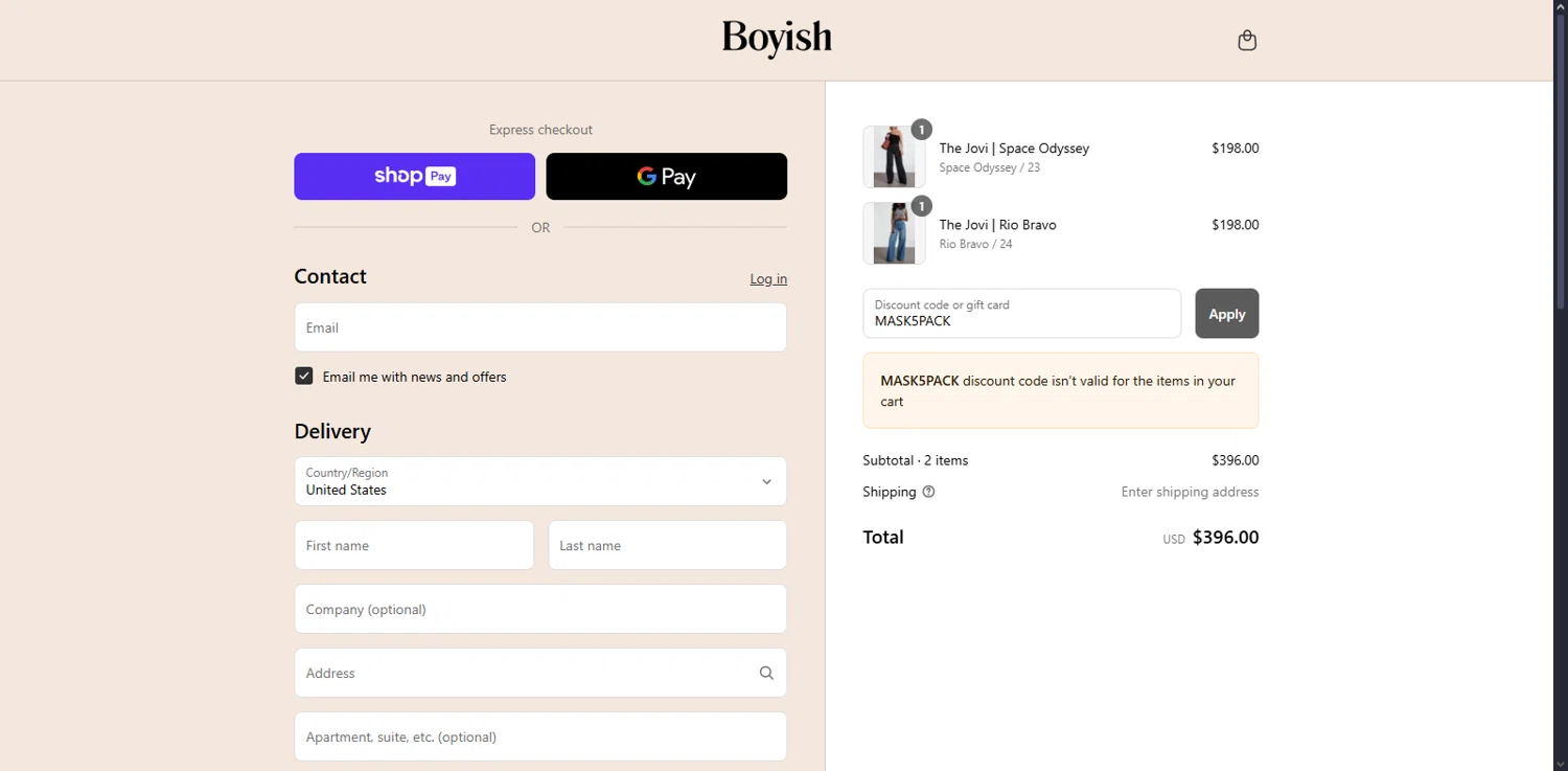 Boyish discount code screenshot showing code MASK5PACK applied at Boyish checkout page. Uploaded by SimplyCodes community member Serdanvz on Aug 16, 2025