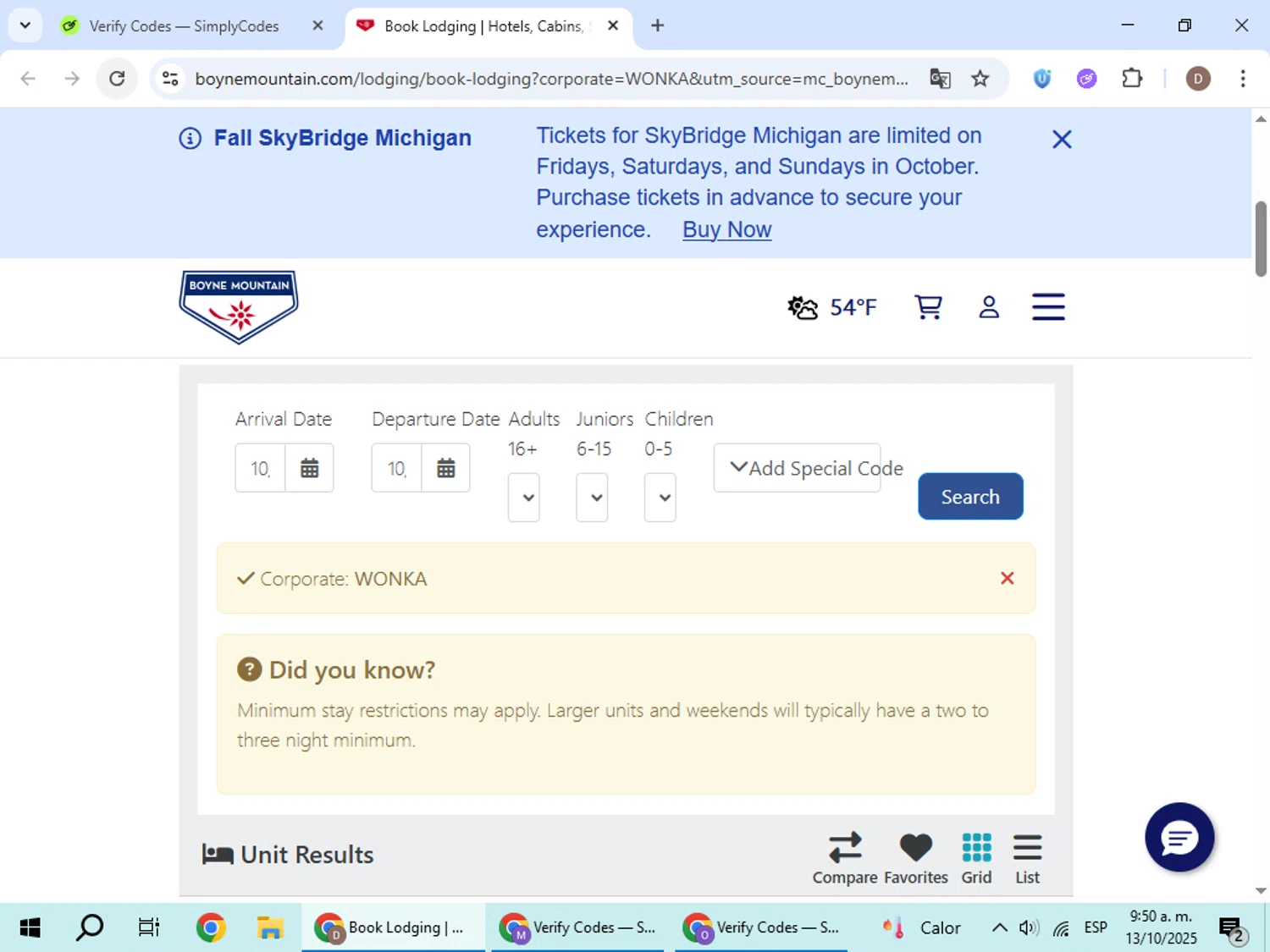 Boyne Mountain Resort promo code screenshot showing code WONKA applied at Boyne Mountain Resort checkout page. Uploaded by SimplyCodes community member BrilliantWizard8884 on Oct 13, 2025