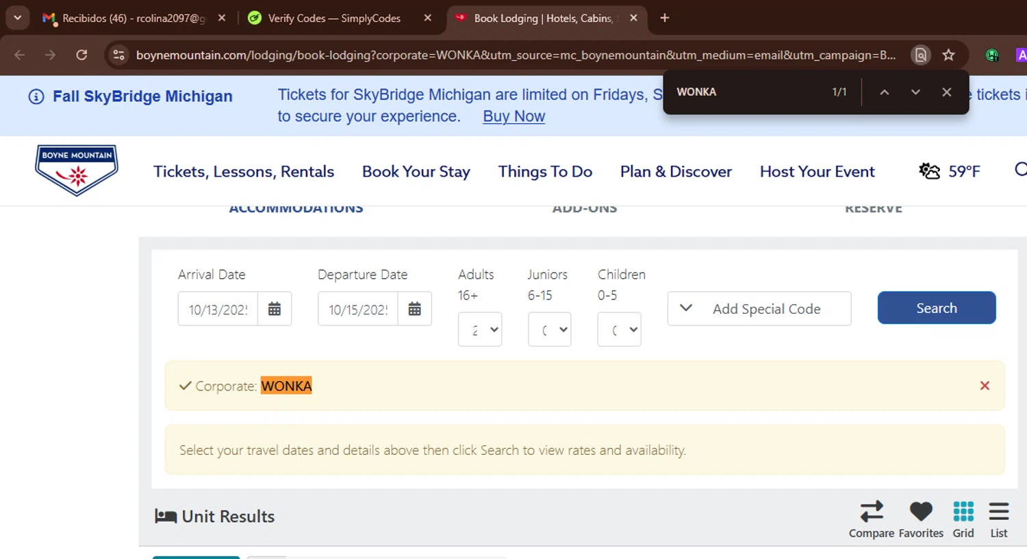 Boyne Mountain Resort promo code screenshot showing code WONKA applied at Boyne Mountain Resort checkout page. Uploaded by SimplyCodes community member WonderWarden594 on Oct 13, 2025