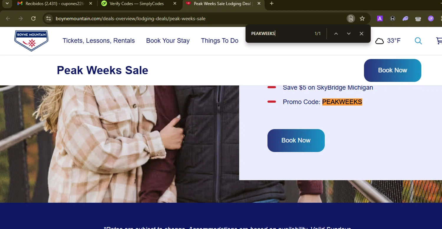 Boyne Mountain Resort promo code screenshot showing code PEAKWEEKS applied at Boyne Mountain Resort checkout page. Uploaded by SimplyCodes community member SilverMonarch6357 on Nov 22, 2025