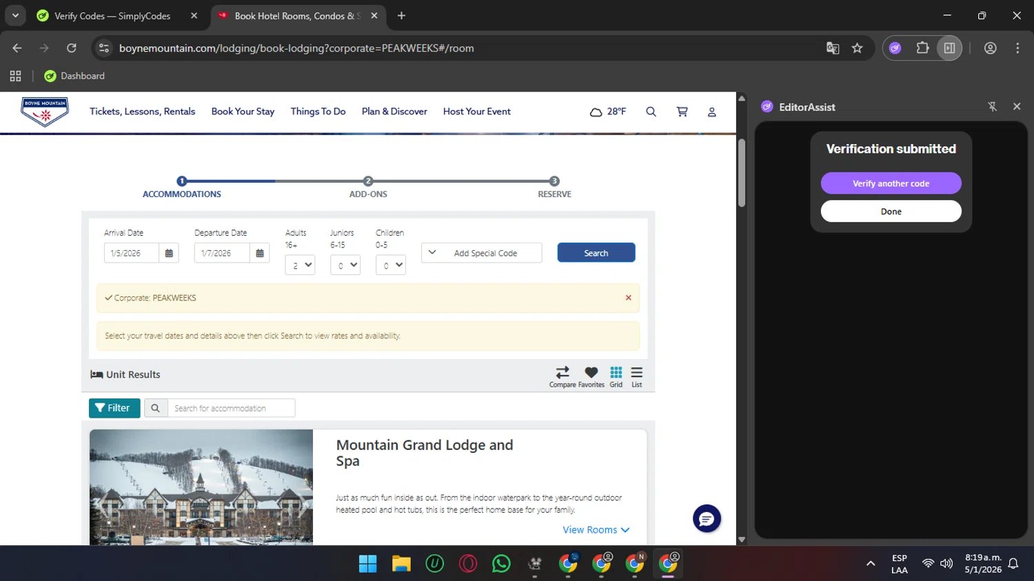 Boyne Mountain Resort checkout page showing Boyne Mountain Resort promo code box | Screenshot taken by SimplyCodes community member on Jan 5, 2026