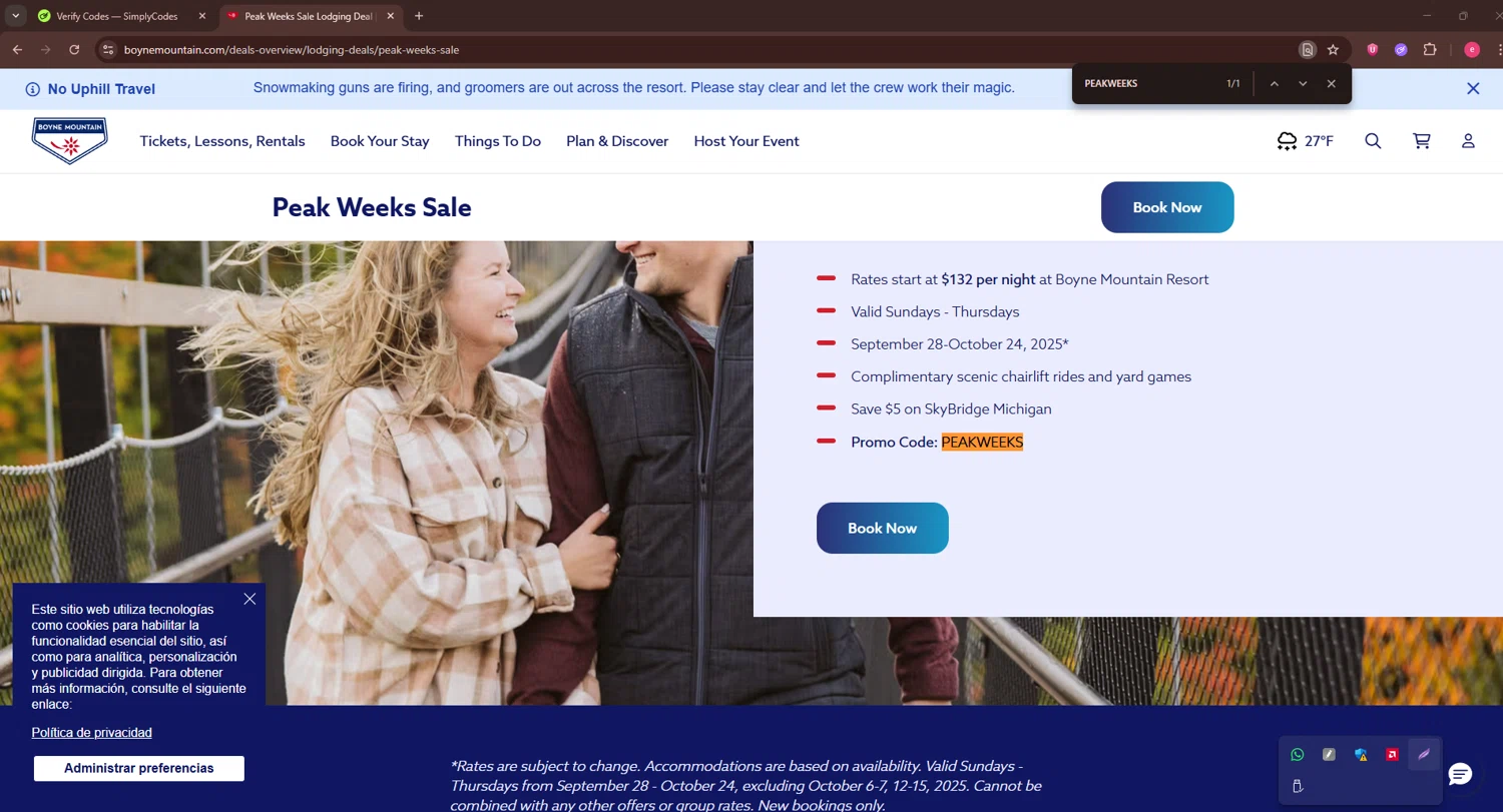 Boyne Mountain Resort promo code screenshot showing code PEAKWEEKS applied at Boyne Mountain Resort checkout page. Uploaded by SimplyCodes community member TreasureWarden457 on Dec 3, 2025