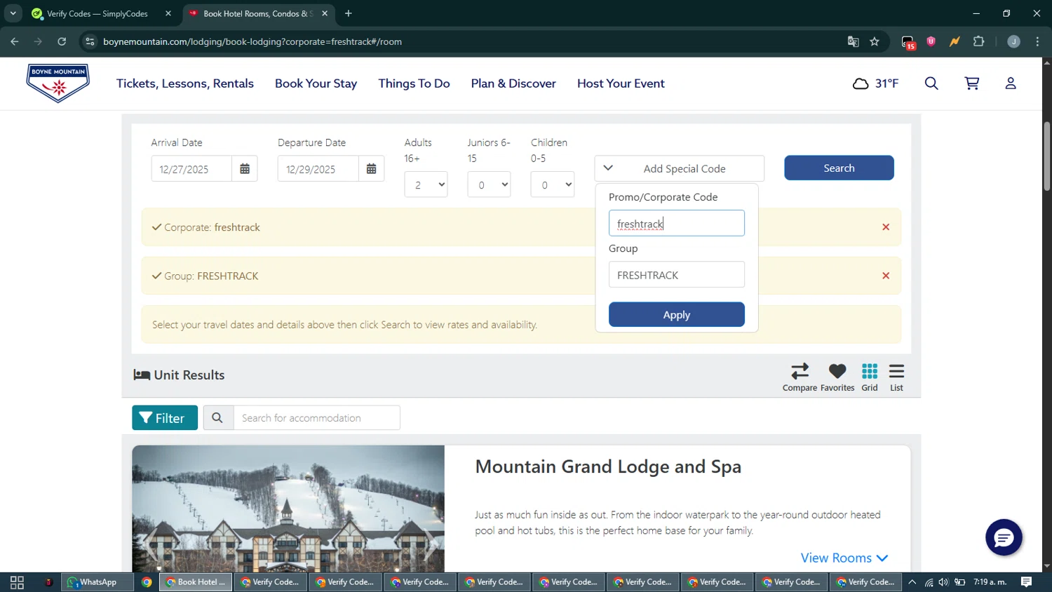Boyne Mountain Resort promo code screenshot showing code FRESHTRACK applied at Boyne Mountain Resort checkout page. Uploaded by SimplyCodes community member CashShopper1214 on Dec 27, 2025