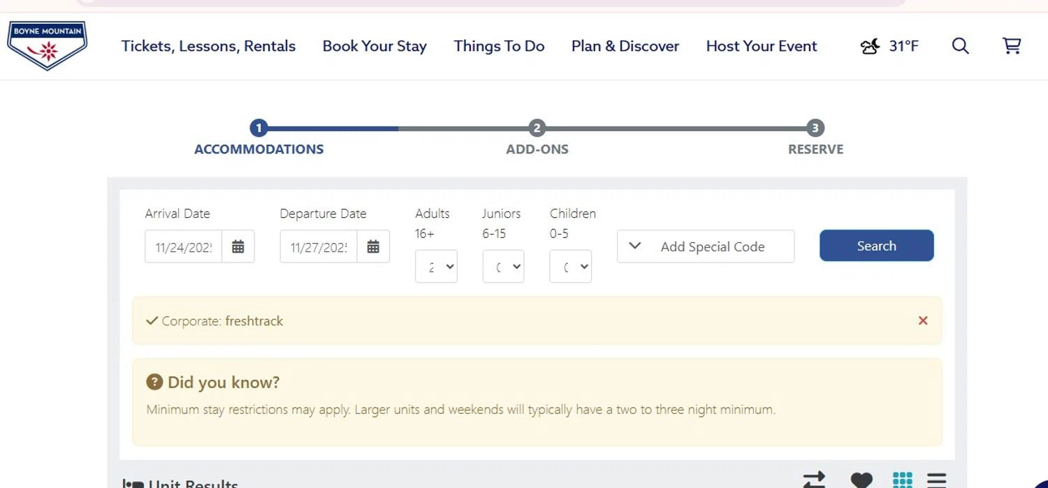 Boyne Mountain Resort promo code screenshot showing code FRESHTRACK applied at Boyne Mountain Resort checkout page. Uploaded by SimplyCodes community member MoneyFalcon5538 on Nov 24, 2025