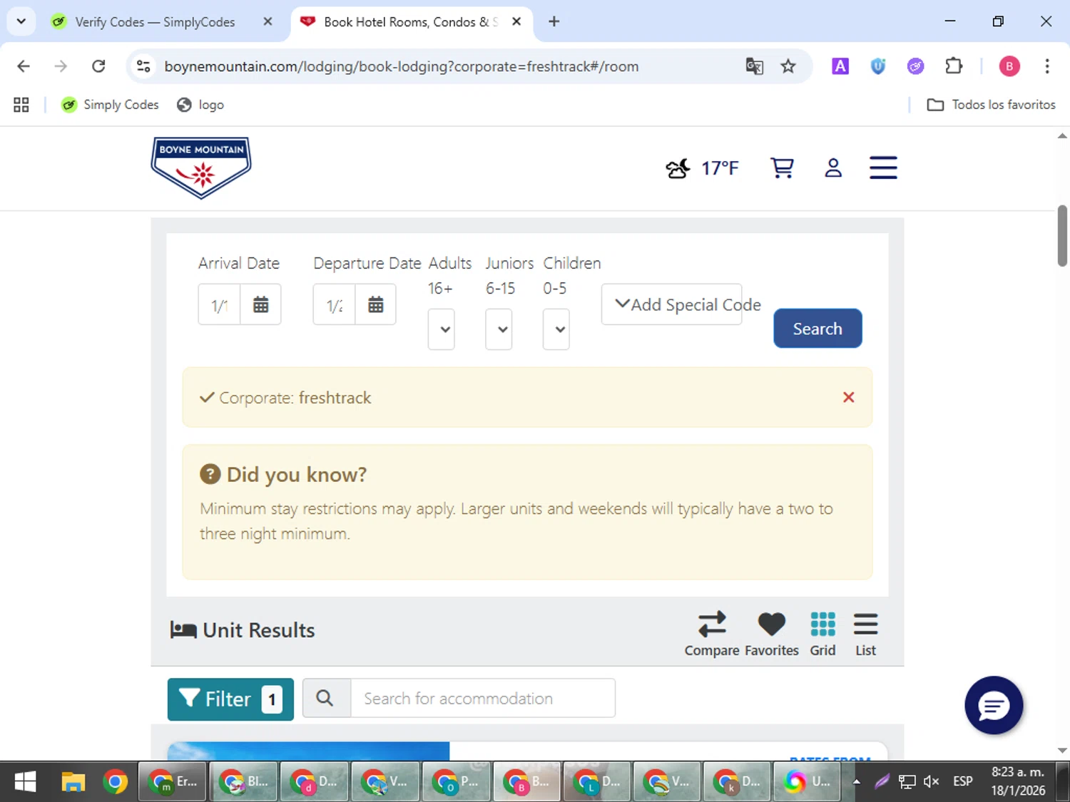 Boyne Mountain Resort promo code screenshot showing code FRESHTRACK applied at Boyne Mountain Resort checkout page. Uploaded by SimplyCodes community member bombontropical on Jan 18, 2026