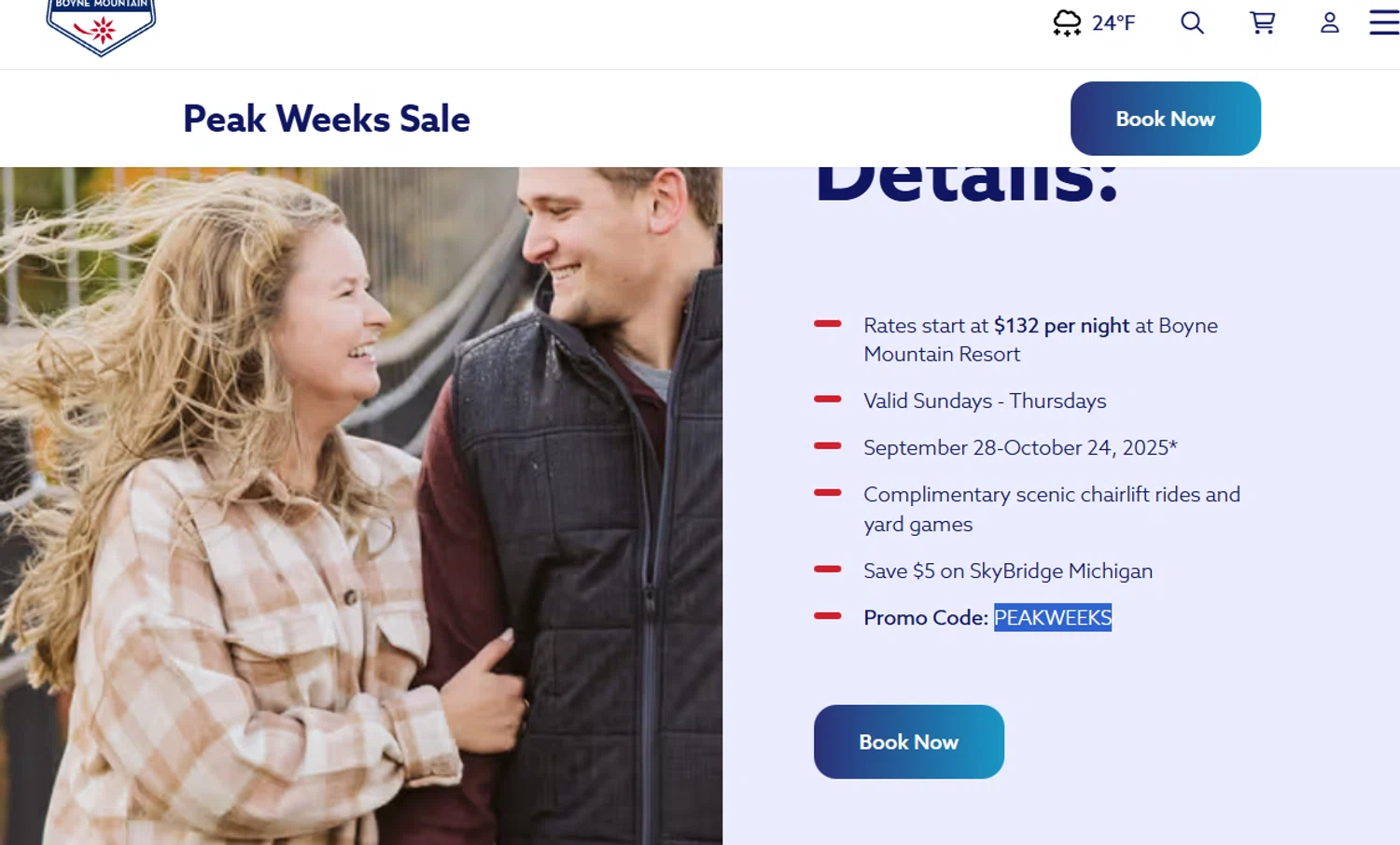 Boyne Mountain Resort promo code screenshot showing code PEAKWEEKS applied at Boyne Mountain Resort checkout page. Uploaded by SimplyCodes community member Dejadepicharme on Jan 16, 2026