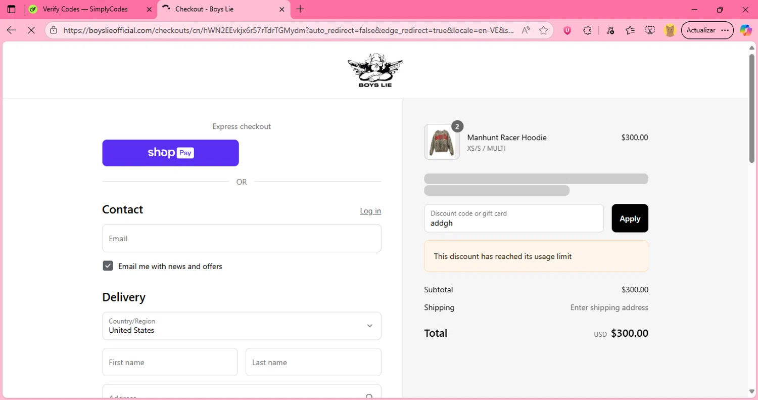 Boys Lie discount code screenshot showing code addgh applied at Boys Lie checkout page. Uploaded by SimplyCodes community member JumanjiValentino on Aug 26, 2025