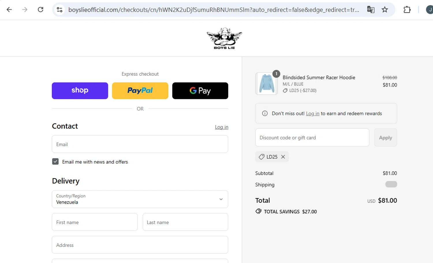 Boys Lie discount code screenshot showing code LDS25 applied at Boys Lie checkout page. Uploaded by SimplyCodes community member BB9542251456527 on Aug 29, 2025