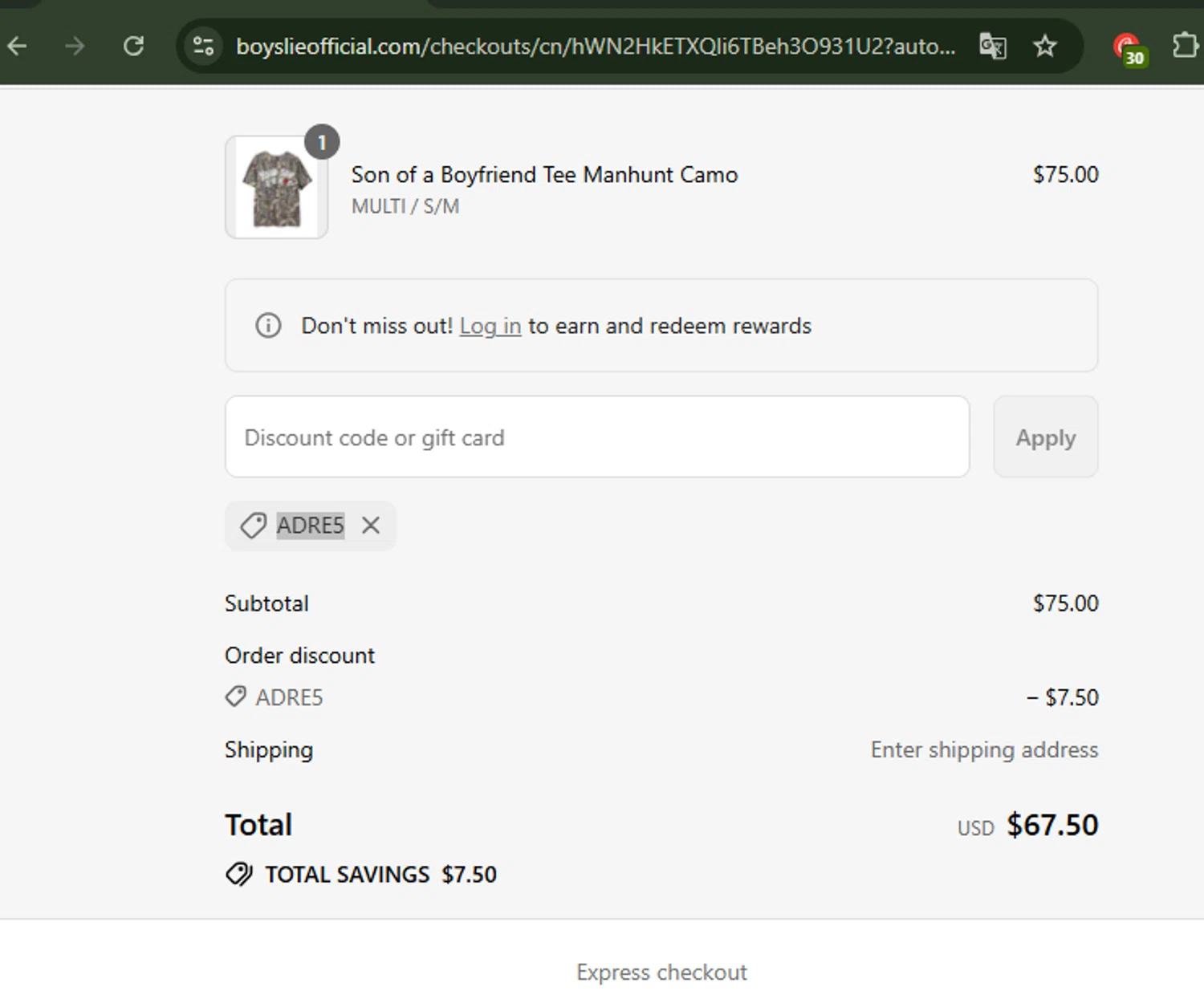 Boys Lie discount code screenshot showing code ADRE5 applied at Boys Lie checkout page. Uploaded by SimplyCodes community member Carolina23 on Aug 27, 2025