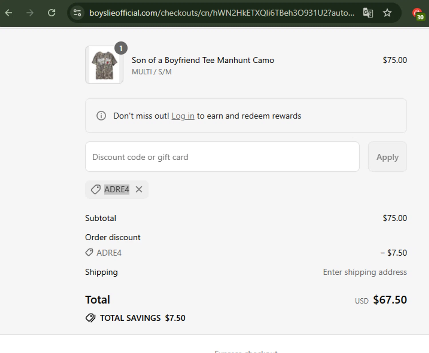 Boys Lie discount code screenshot showing code ADRE4 applied at Boys Lie checkout page. Uploaded by SimplyCodes community member Carolina23 on Aug 27, 2025