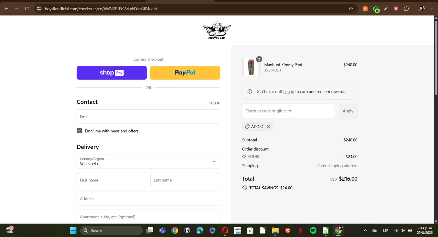 Boys Lie discount code screenshot showing code ADDBC applied at Boys Lie checkout page. Uploaded by SimplyCodes community member ERI0810 on Aug 25, 2025
