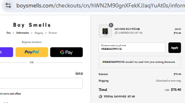 Boy Smells checkout page showing Boy Smells coupon code box | Screenshot taken by SimplyCodes community member on Aug 29, 2025