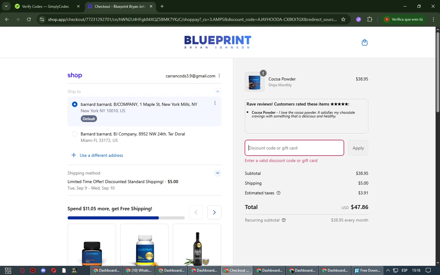 Blueprint Bryan Johnson discount code screenshot showing code TESSASMITH applied at Blueprint Bryan Johnson checkout page. Uploaded by SimplyCodes community member NobleGenius9060 on Sep 1, 2025