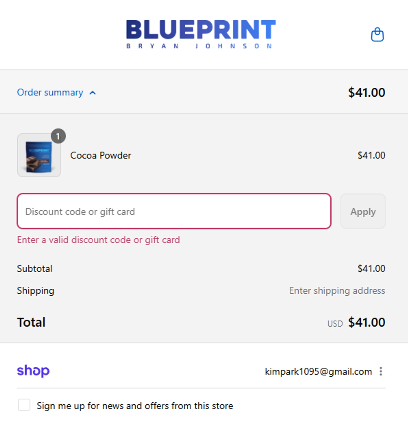 Blueprint Bryan Johnson discount code screenshot showing code TESSASMITH applied at Blueprint Bryan Johnson checkout page. Uploaded by SimplyCodes community member Pinkicuat on Sep 1, 2025