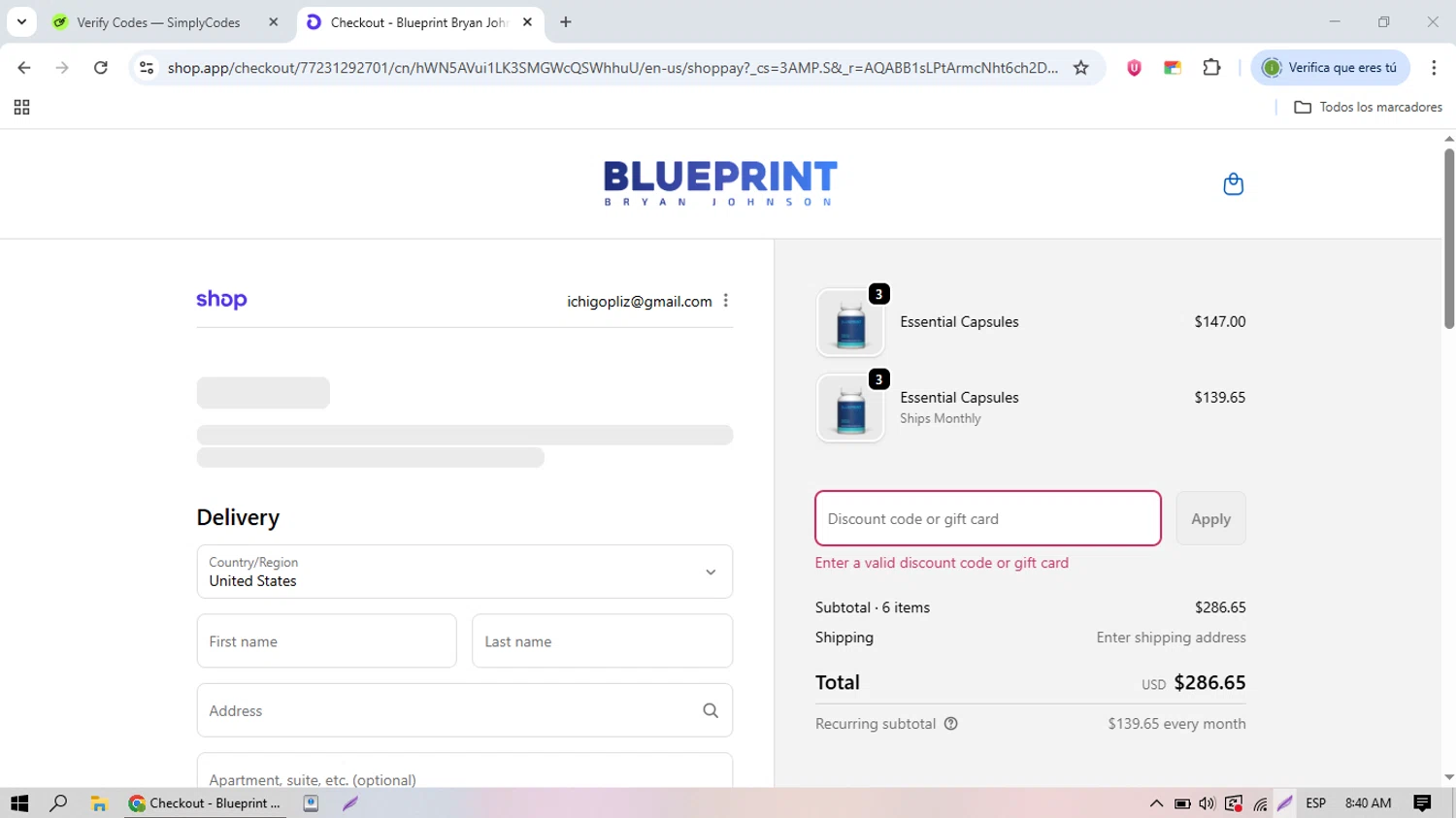 Blueprint Bryan Johnson discount code screenshot showing code ILOVEMACS applied at Blueprint Bryan Johnson checkout page. Uploaded by SimplyCodes community member nicolasquevedo on Nov 11, 2025