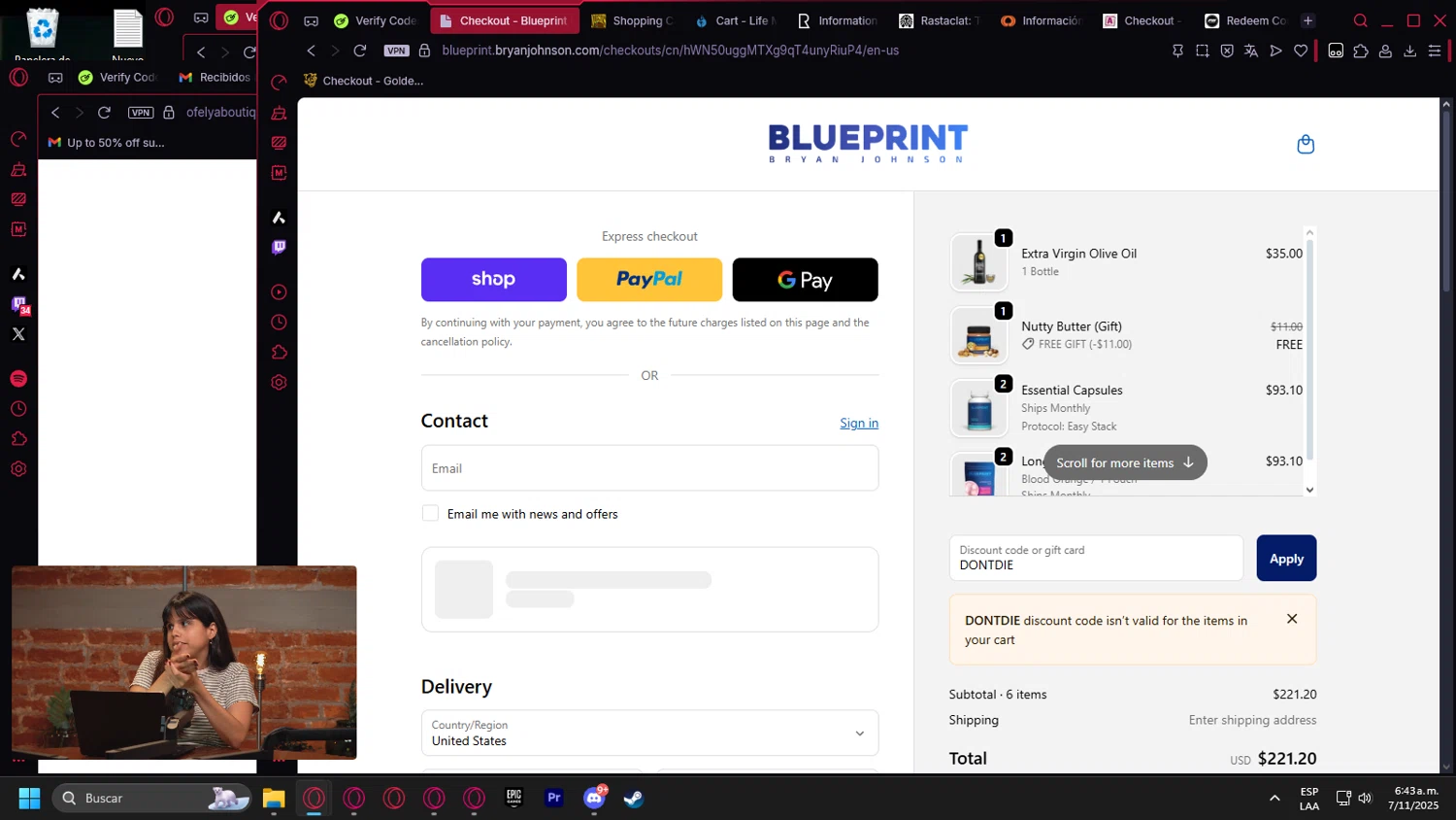 Blueprint Bryan Johnson discount code screenshot showing code DONTDIE applied at Blueprint Bryan Johnson checkout page. Uploaded by SimplyCodes community member Billyyou on Nov 7, 2025