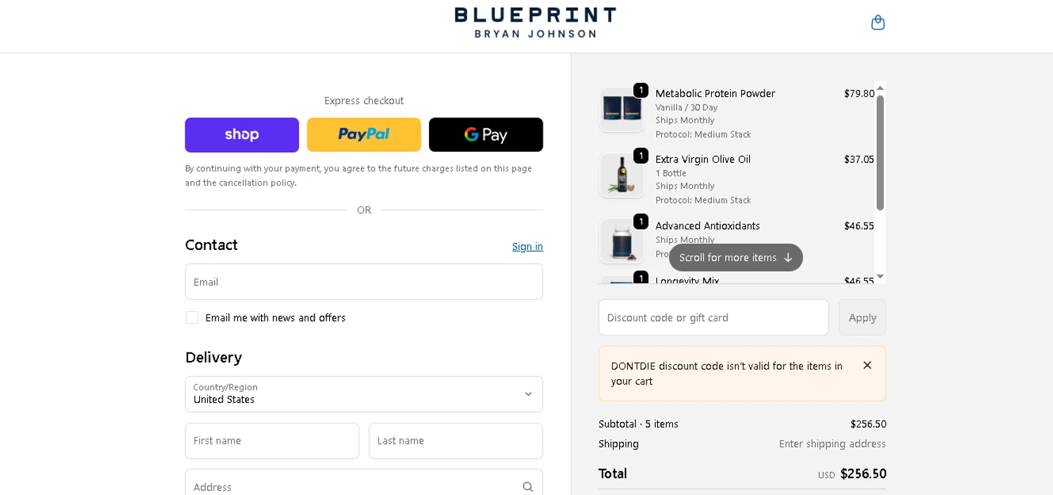 Blueprint Bryan Johnson discount code screenshot showing code DONTDIE applied at Blueprint Bryan Johnson checkout page. Uploaded by SimplyCodes community member tuvalu10 on Dec 22, 2025