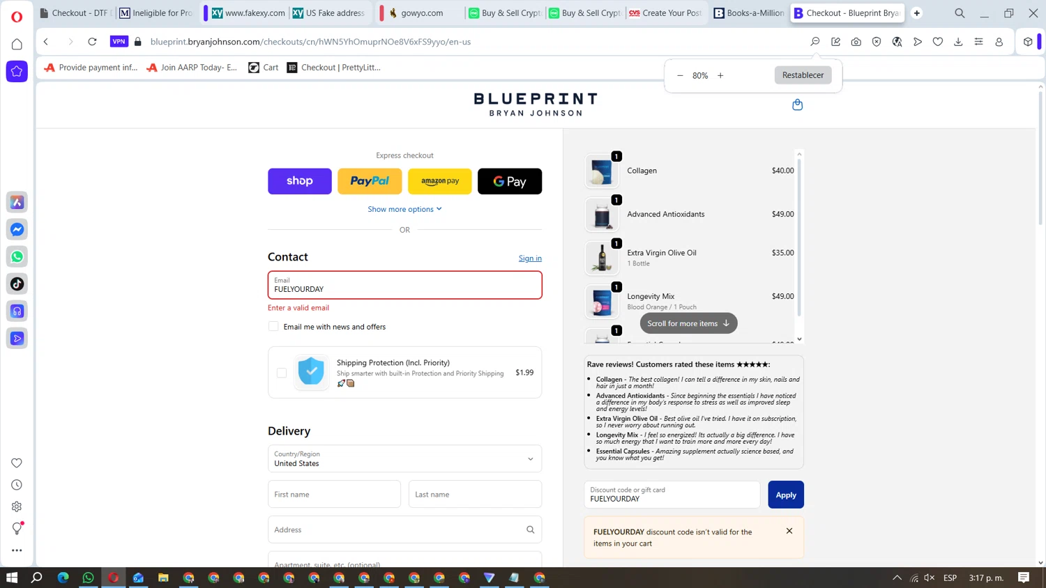 Blueprint Bryan Johnson discount code screenshot showing code FUELYOURDAY applied at Blueprint Bryan Johnson checkout page. Uploaded by SimplyCodes community member FundoKadmiel on Nov 21, 2025