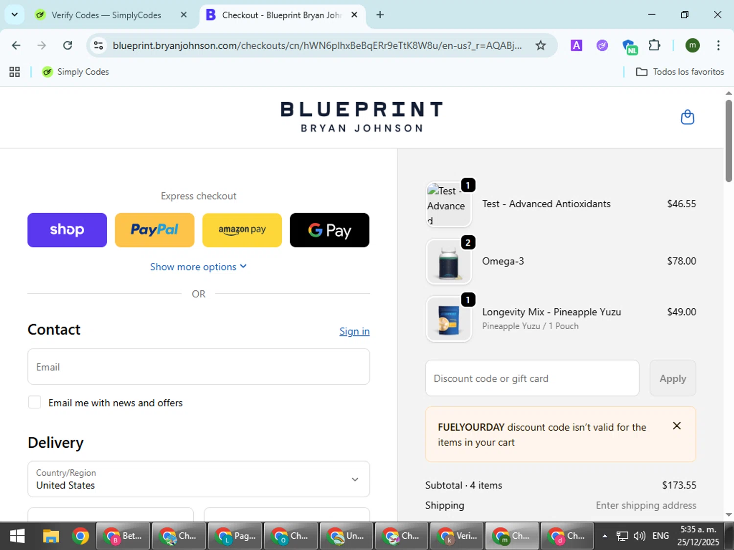 Blueprint Bryan Johnson discount code screenshot showing code FUELYOURDAY applied at Blueprint Bryan Johnson checkout page. Uploaded by SimplyCodes community member VoucherCollector9196 on Dec 25, 2025