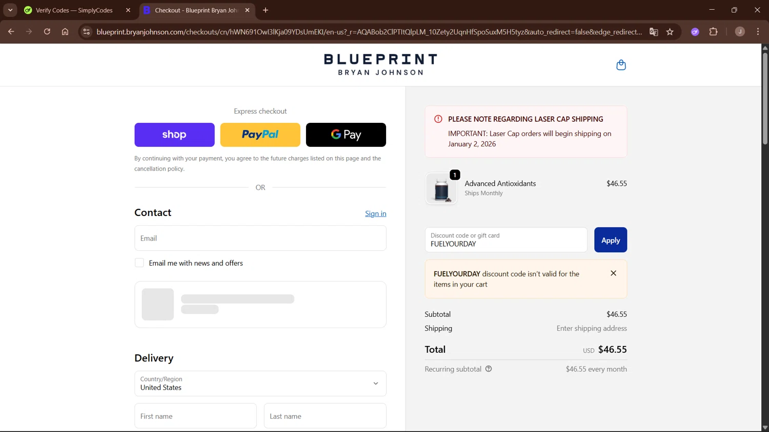 Blueprint Bryan Johnson discount code screenshot showing code FUELYOURDAY applied at Blueprint Bryan Johnson checkout page. Uploaded by SimplyCodes community member WisePro3955 on Dec 7, 2025