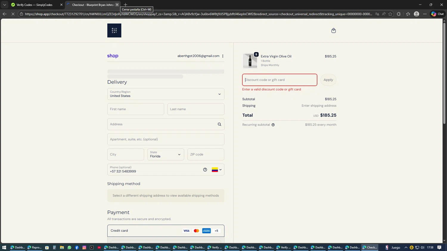 Blueprint Bryan Johnson discount code screenshot showing code IMMORTAL25 applied at Blueprint Bryan Johnson checkout page. Uploaded by SimplyCodes community member AVATIGRITO on Feb 9, 2026