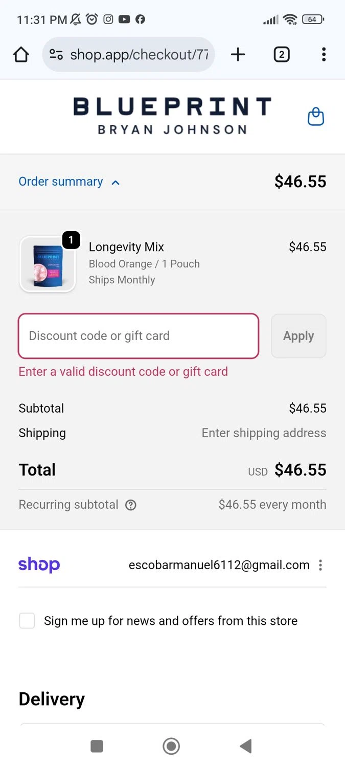 Blueprint Bryan Johnson discount code screenshot showing code IMMORTAL25 applied at Blueprint Bryan Johnson checkout page. Uploaded by SimplyCodes community member BonusPhoenix1577 on Dec 5, 2025