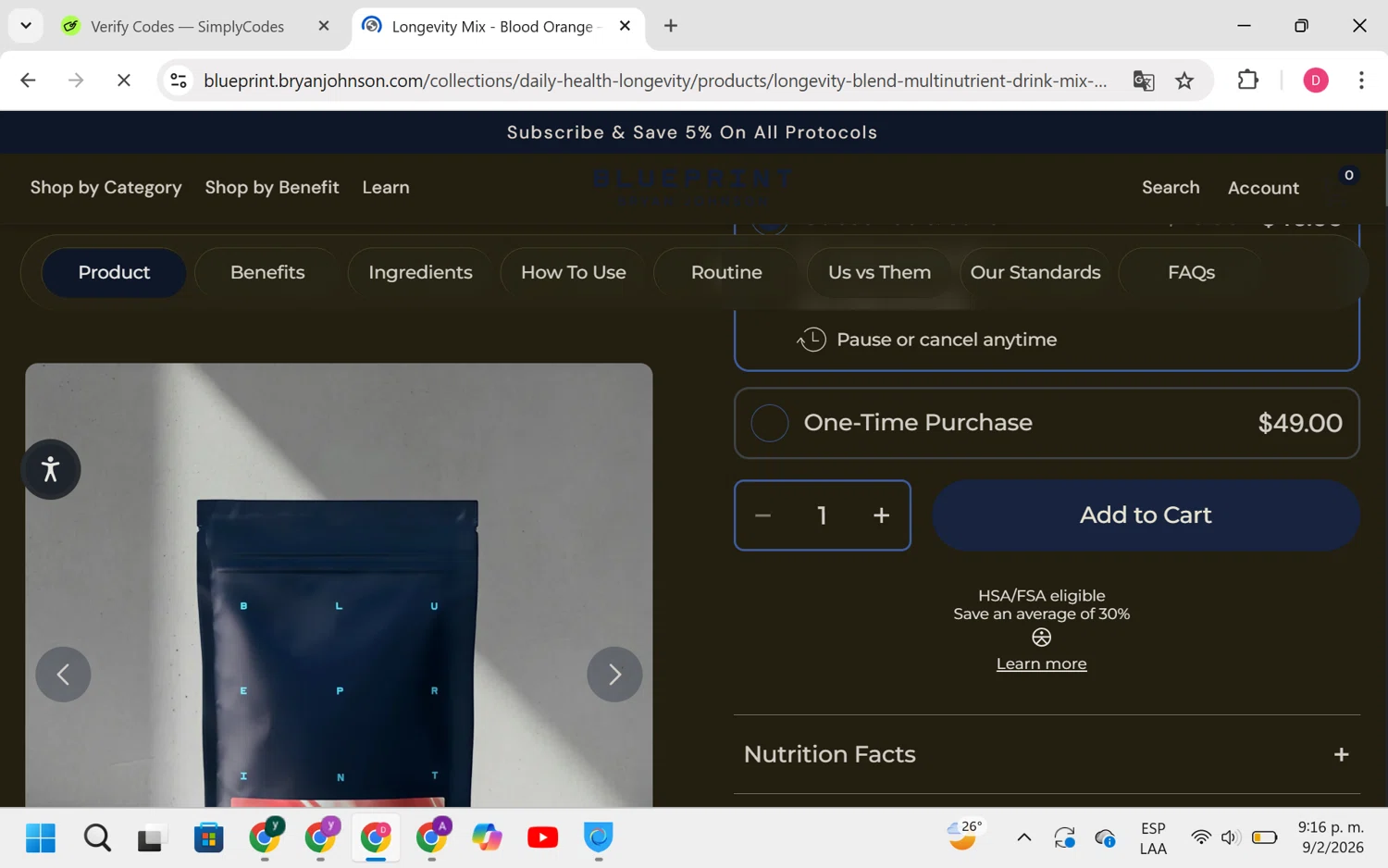 Blueprint Bryan Johnson checkout page showing Blueprint Bryan Johnson discount code box | Screenshot taken by SimplyCodes community member on Feb 10, 2026